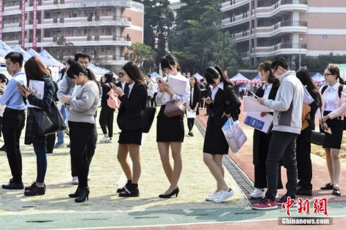 资料图：排队等待面试的求职者。中新社记者 陈骥旻 摄